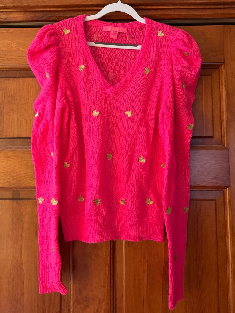 Lilly Pulitzer WomenV-Neck Puff Sleeve Sweater in Hot Pink with Gold Hearts